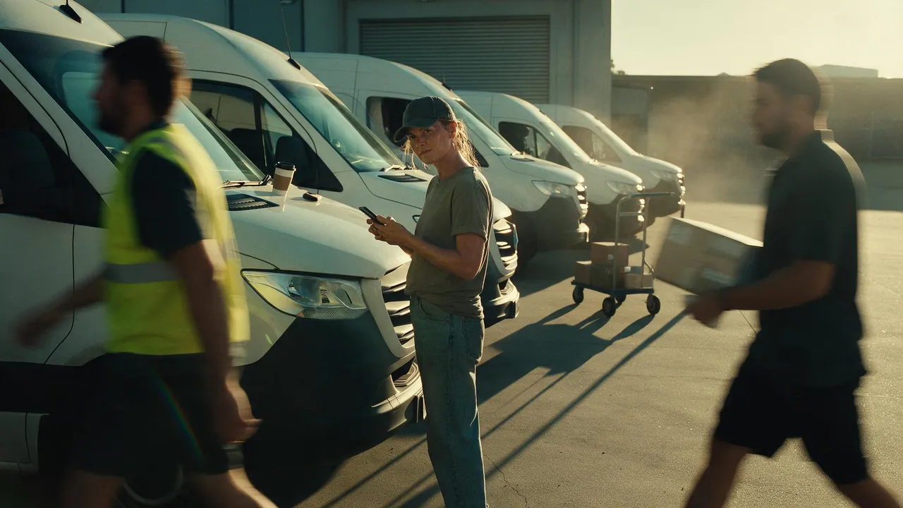A woman in a cap checks her phone beside a row of white delivery vans at a depot, while two colleagues walk past in motion blur, one carrying a parcel.
