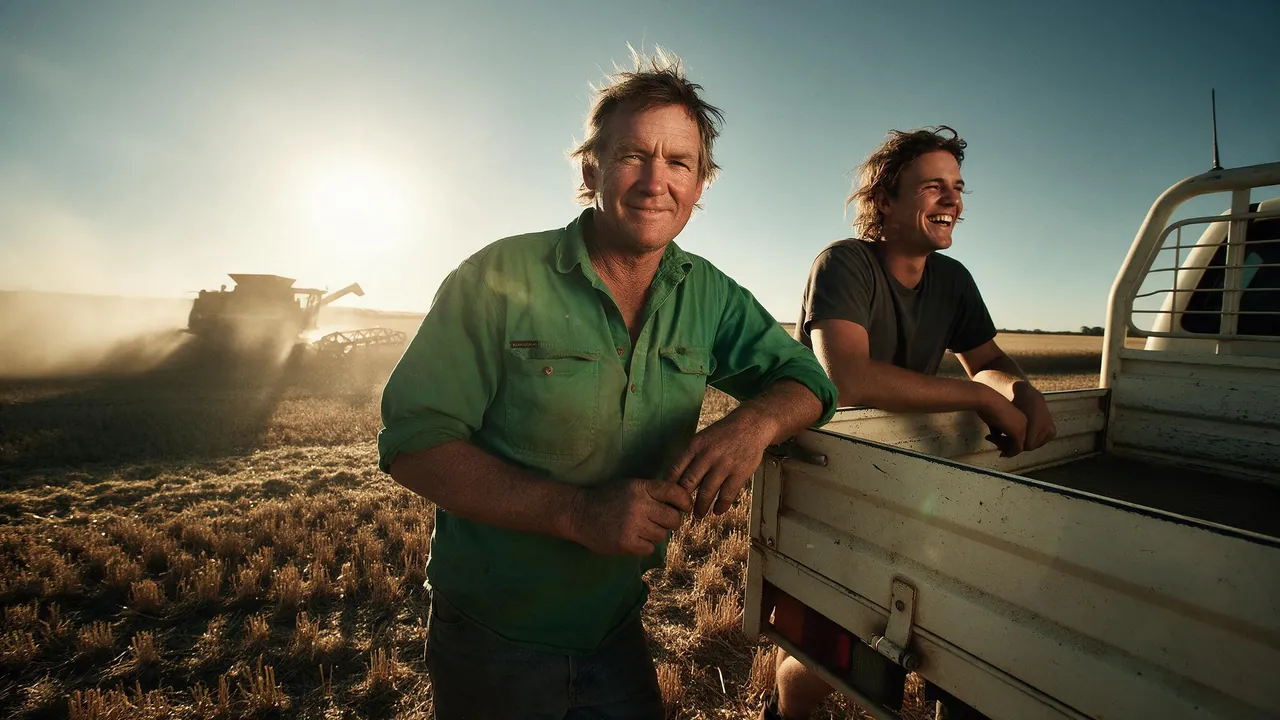 A farmer in a green work shirt and a younger man laughing lean on a ute tray in a stubble paddock, with a harvester raising dust in the low sun behind them.