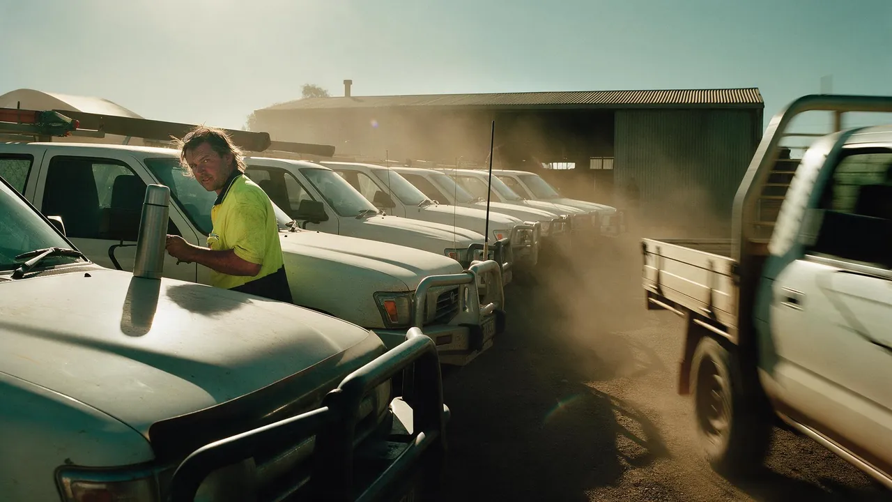 A row of white work utes in a dusty yard at dawn, a driver in a hi-vis shirt beside the nearest one.