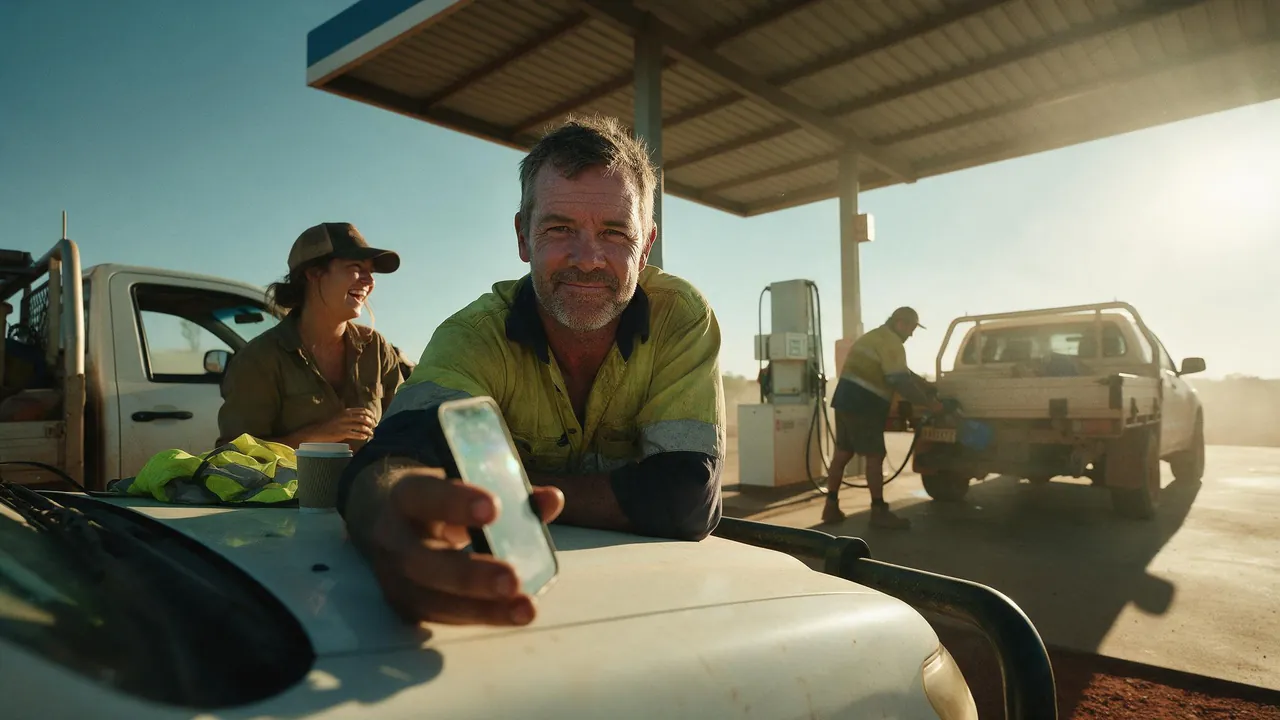 A man in a hi-vis shirt leans on the bonnet of a white ute at a fuel stop and holds his phone out to the camera. A woman in a cap laughs beside him, and a third person fills another ute at the pump behind.