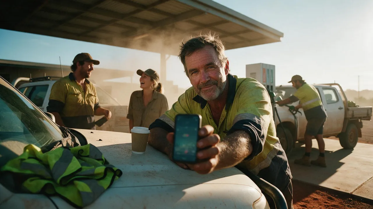 A hi-vis worker leans on the bonnet of a white ute at a regional fuel stop and holds up his phone, while two colleagues talk and a third fills another ute behind him.