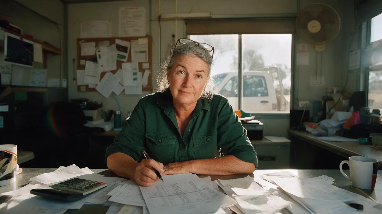 A woman with her glasses pushed up into her hair sits at a cluttered desk covered in fuel receipts and a calculator, with a white ute visible through the window behind her.