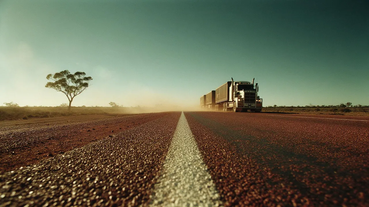 A road train driving down a straight red-earth highway under a clear sky, with a lone gum tree beside the road.