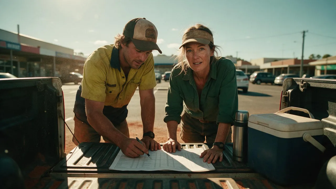 Two people leaning over a ute tailgate, going through a printed statement together, with an esky and a thermos beside them.